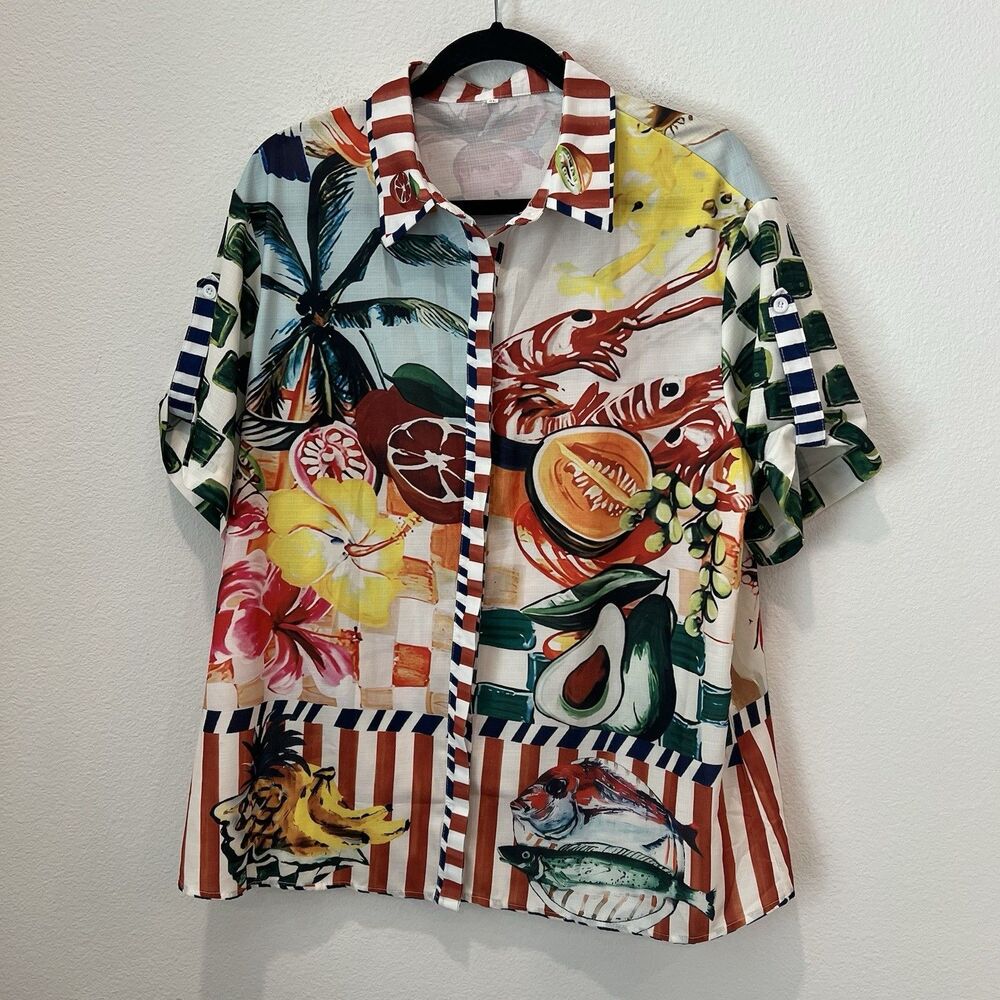 Ladies Button Up Blouse Theo Printed Short Sleeve Shirt Top, Linen Blend XL